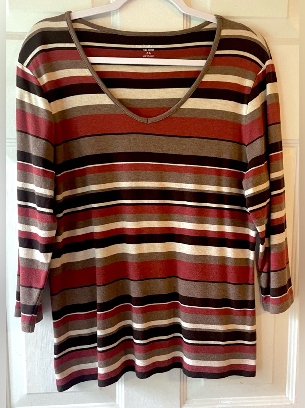Croft & Barrow Brown Rust Tan Cream Striped 3/4 Slv 100% Pima Cotton Knit Top XL